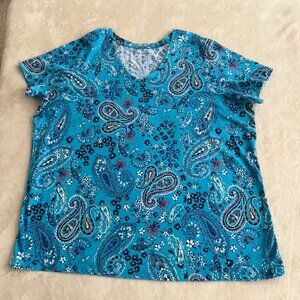 Woman Within Pretty Paisley Turquoise V Neck T-Shirt, Size 1X